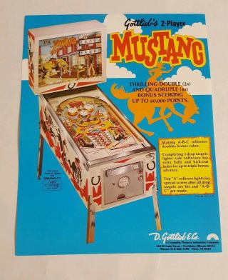1977 Gottlieb Mustang Vintage Pinball Machine Flyer Ad Nos