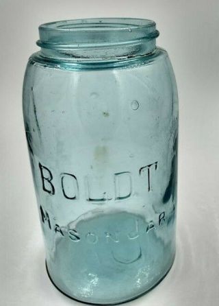 Antique Vntg Quart Fruit Boldt Mason Jar - No Shoulder Blue With Bubbles -