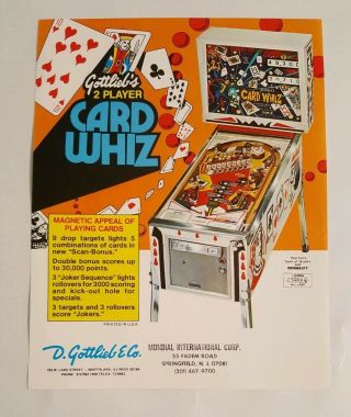 1976 Gottlieb Card Whiz Vintage Pinball Machine Flyer Ad Nos