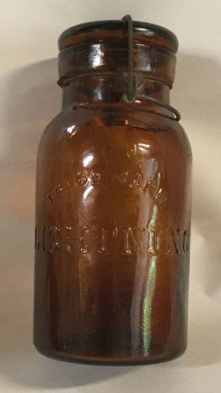 Rare Antique Dark Amber Putnam 63 Lightning Canning Fruit Quart Jar W/ Lid 8”
