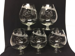 Set Of 5 Large Clear Glass Brandy Cognac Snifter W/frosted Face