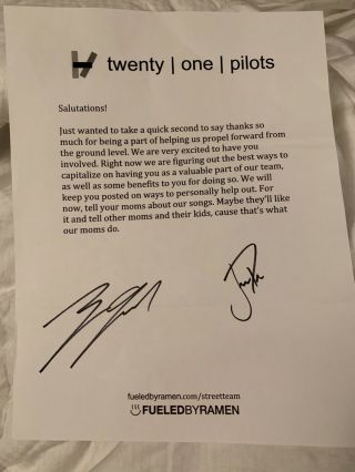 Twenty One Pilots Signed Street Team Letter Psa Dna Guarantee Tyler And Josh
