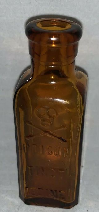 Antique Skull & Crossbones Poison Tinct.  Iodine Amber Glass Bottle Vintage