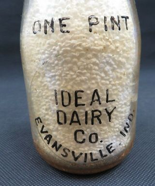 Vintage 1 Pint Embossed Glass Milk Bottle Ideal Dairy Co.  Evansville IND & Cap 4