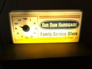 Vtg Lighted Hardware Store Sign Clock But Flickers 25 1/2” X 12 1/2”