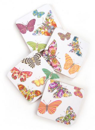 Mackenzie - Childs Set/4 Butterfly Garden White Coasters - Cork Back - Heat Resistant