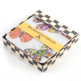 Mackenzie - Childs Set/4 Butterfly Garden White Coasters - Cork Back - Heat Resistant 2