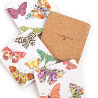 Mackenzie - Childs Set/4 Butterfly Garden White Coasters - Cork Back - Heat Resistant 3