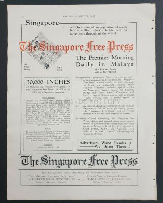 Orig 1930 Advt " Singapore Press " Newspaper & Bedoh Corner 10.  25in X 13.  50in