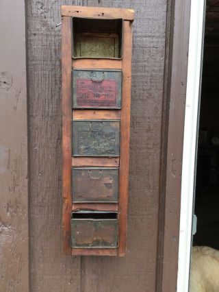 Vintage Industrial Metal Atlas Bolt Screw Tins And Wood Storage Box