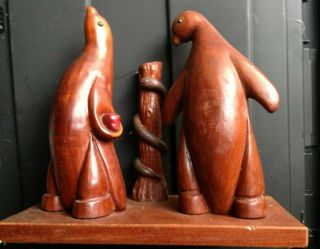 Vtg Signed Ooak Wooden Adam & Eve Penguins Serpent,  Apple Wood 12 " X6 " X10.  5 " Tall
