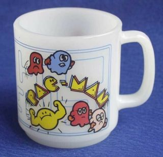 Glasbake Pac Man Coffee Mug Cup Vtg Midway Mfg Usa White Milk Glass Video Game