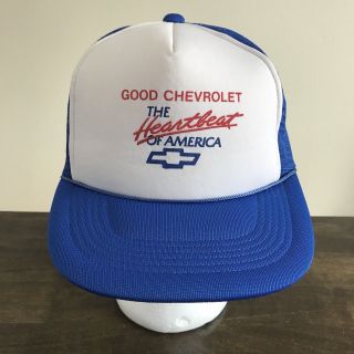 Vintage Good Chevrolet Heartbeat Of America Trucker Hat Chevy Cap Blue Snapback
