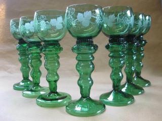 Set Of 7 Antique Green Glass Hock Wine Glasses Applied Prunts Engraved Grapes