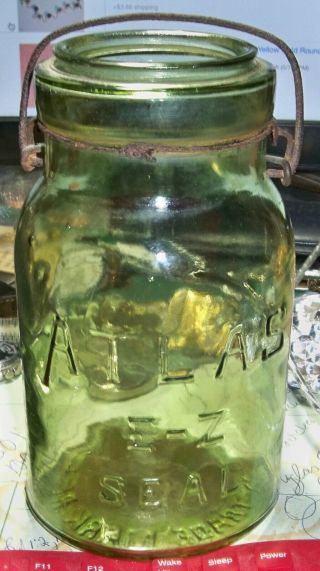 Vintage Canning Jar 7 " Olive Green Atlas E - Z Seal Quart Wire Closure