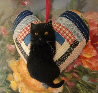 Black Cat/kitten On Antique Quilt Heart Pillow Ooak Fabric Art By Renate 