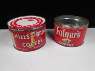 Vintage Tin Coffee Cans (2) - Folgers & Hills Bros.  - 1950 