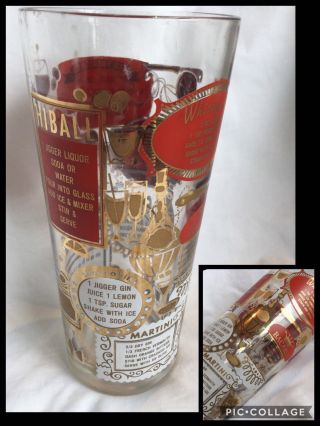 Rare Vintage Retro Mid Century Barware Cocktail Recipe Shaker Glass 8 " Mancave