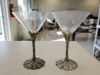 Set Of 2 Grey Goose Vodka Pewter Vine Tree Stem Cocktail Glasses Martini Barware