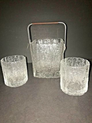 Vintage Hoya Crystal Frozen Glass Stainless Steel Mid Century Modern Ice Bucket