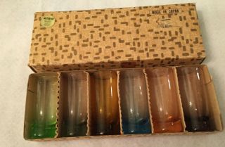 Vintage Set Of 6 Multi Color Japan Hand Blown Whiskey Vodka Shot Glass W/ Box