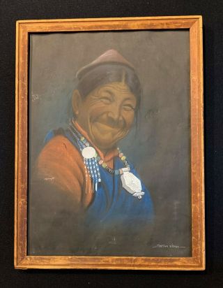 1950s Goray Douglas Pastel Portrait Tibetan Woman Frame Signed