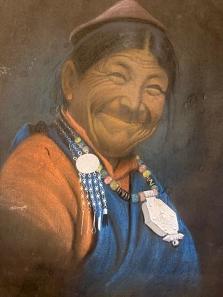 1950s Goray Douglas Pastel Portrait Tibetan Woman Frame Signed 2