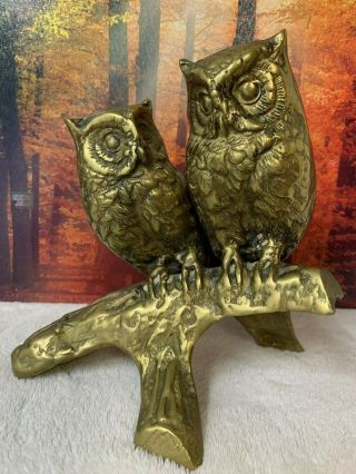 Vtg Heavyweight Brass OWLS statue 