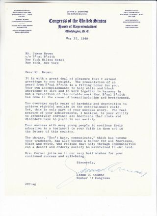 Us Congress James Corman 22nd District Ca Signed Letter To James Brown 1969