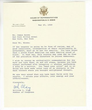 Us Congress William Clay 1st District Mo Signed Letter To James Brown 1969