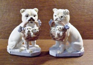 2 Fitz & Floyd Bull Dogs With Basket Of Puppies Figurines