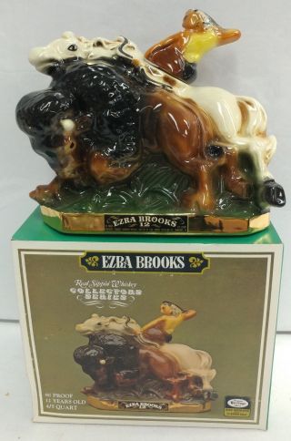 Ezra Brooks Vintage 1971 " The Buffalo Hunt " Whiskey Decanter W/ Box Rare