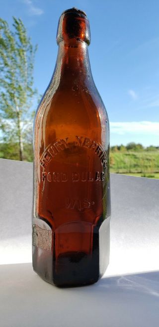 Henry Nehring Fond Du Lac Wisconsin Amber Brown Hexagon Base Bottle Blob Top