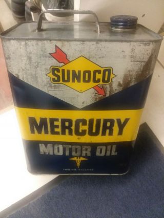Old Vtg Sunoco Mercury Motor Oil Tin Can Two (2) Gallons USA 2