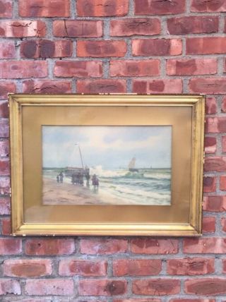 Signed 1893 Watercolor By Jesse Leach France Herring Boats On The Beach Holland
