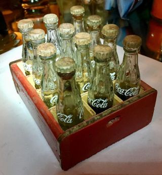 Vintage Miniature Case Coca - Cola Red Wooden Crate 4 - 1/8 " X 3 - 3/8 " With 12 Bottle