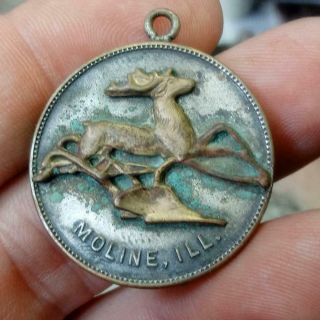 Rare Old John Deere Applied Deer & Plow Medal Round Pocket Watch Fob Medal