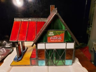 RARE COCA COLA - STAINED GLASS - GAS PETROL STATION - LAMP AUTHENTIC 1997 2