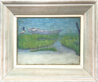 Oil Painting On Board,  " Row Boat In Marsh " By E.  C.  Lapham,  1925