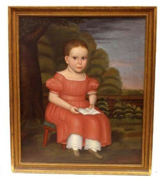 19th Century American Folk Art Oil Painting Of A Little Boy