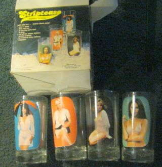 Vintage 1977 Spencer Gifts Set 4 Striptease Hiball Glasses Four Box,  Sexy Risque