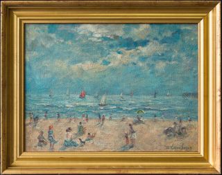 Andre Hambourg (1909 - 1999) France Listed Artist Oil " Beach Scene "