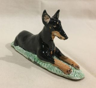 Vintage Basil Matthews Doberman Pinscher Dog Clay Figurine Black & Rust Made In