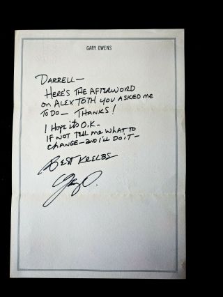 Gary Owens Hand Written Signed Letter To Darrell Mcneil For Alex Toth By Design