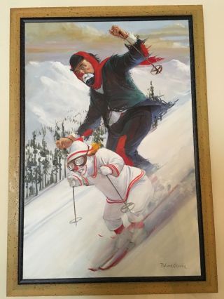 Framed Oil Painting By Robert Owen - Skiing Clowns - 36 " X23 "