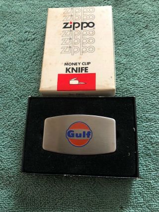 Nos Vintage Gulf Oil Advertising Zippo Money Clip And Pocket Knife Combo W/ Box
