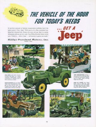 Willys Jeep " Vehicle Of The Hour " Two Sided Ad Reprint Laminated Ad Art