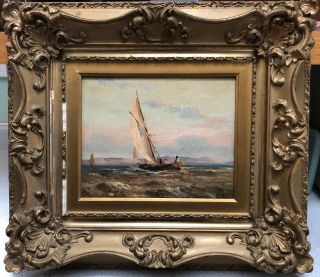Antique Oil On Canvas Painting Of People Sailing,  Artist Signed