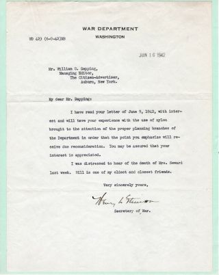 Henry L.  Stimson Secretary Of War Wwii Tls Typed Autographed Letter - Melchior