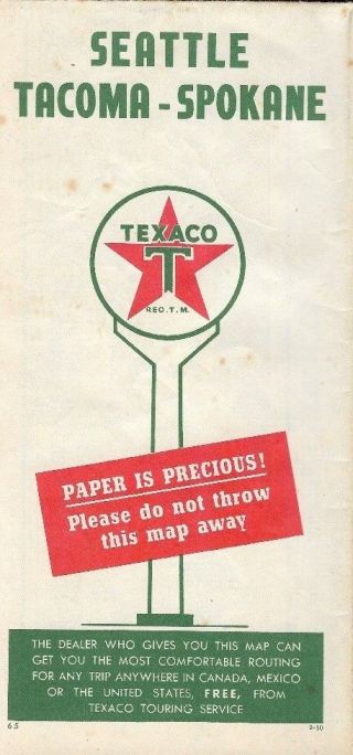 1950 Texaco Oil Road Map Seattle Tacoma Spokane Washington Boeing Field Playfair